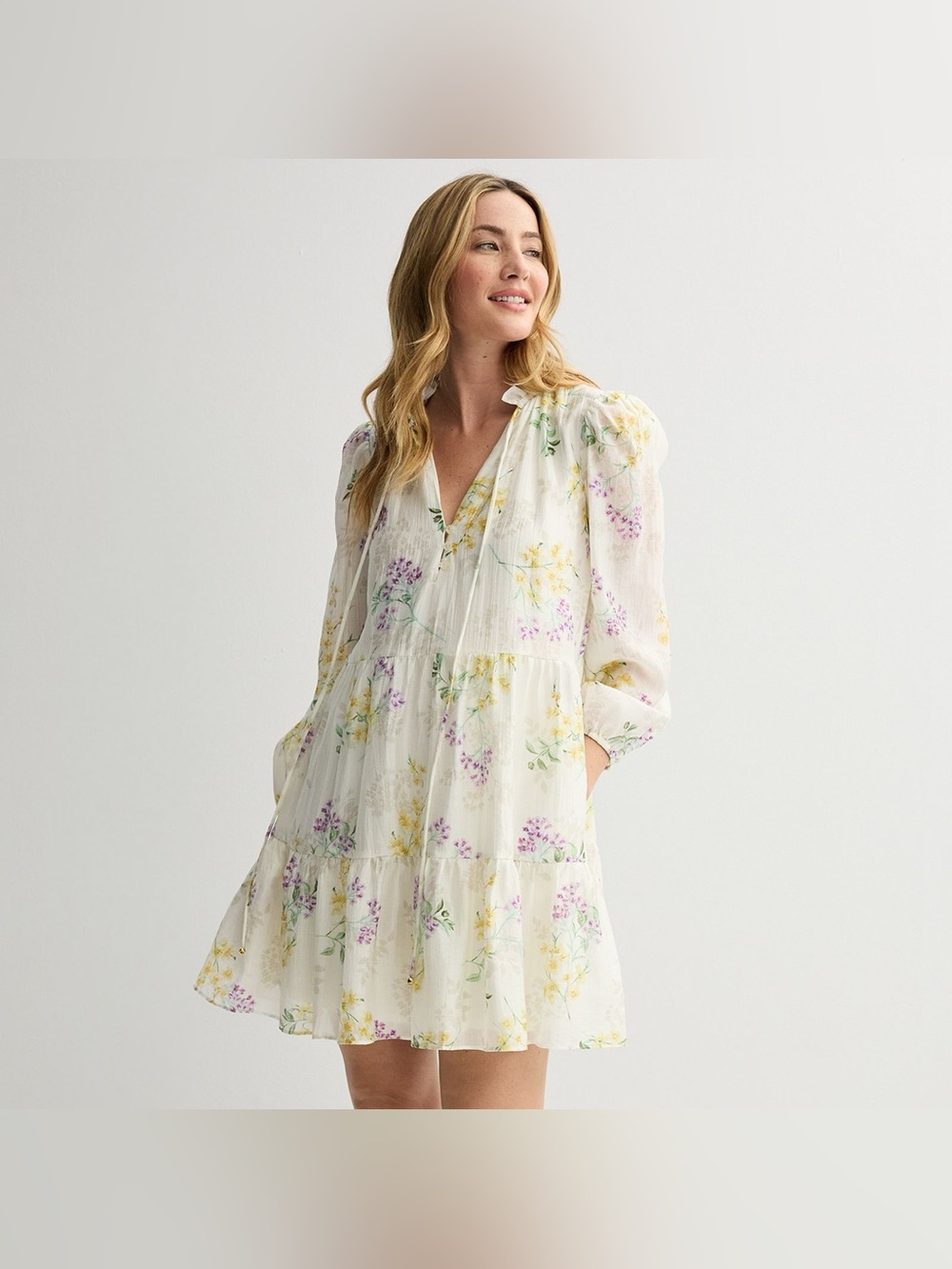 Taylor Floral Tiered Ruffle Smock Lyocell Dress Cream Size 8